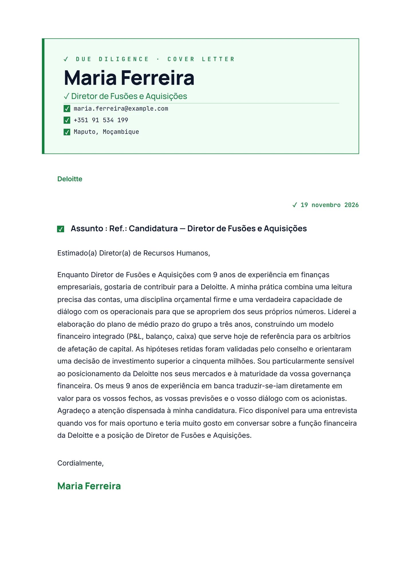 Due diligence — Modelos de carta de apresentação