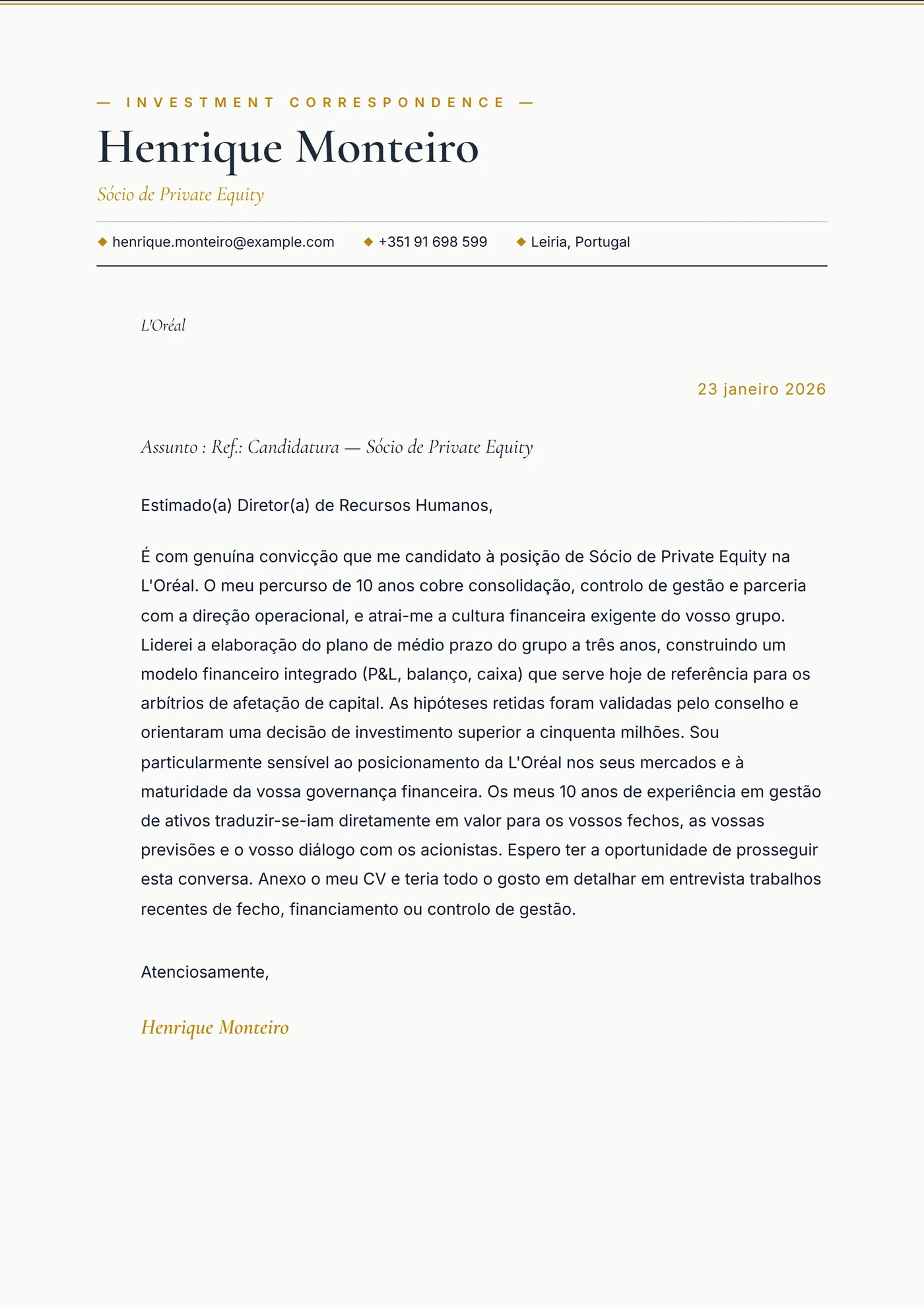 Private equity — Modelos de carta de apresentação