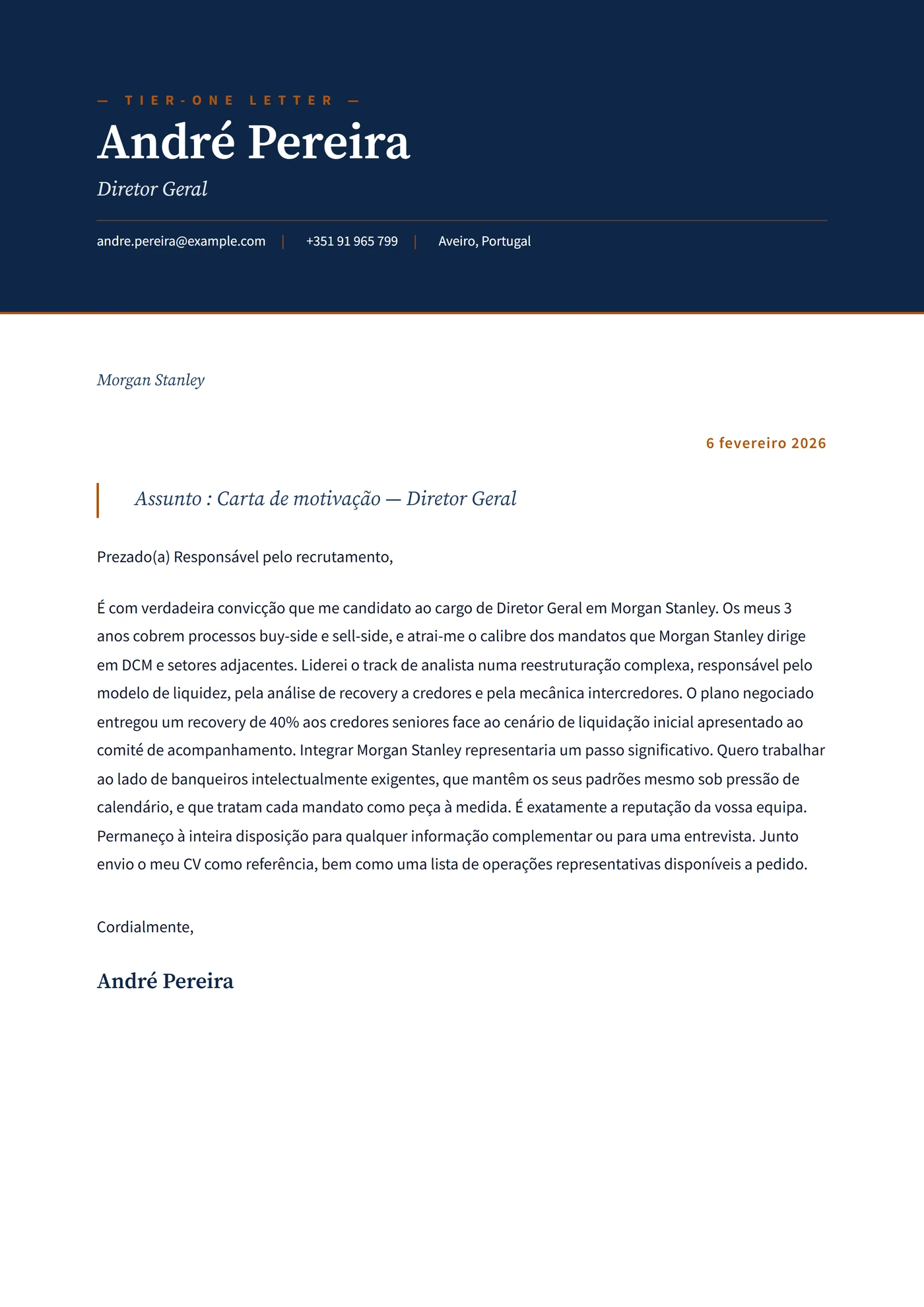 Banco tier-one — Modelos de carta de apresentação