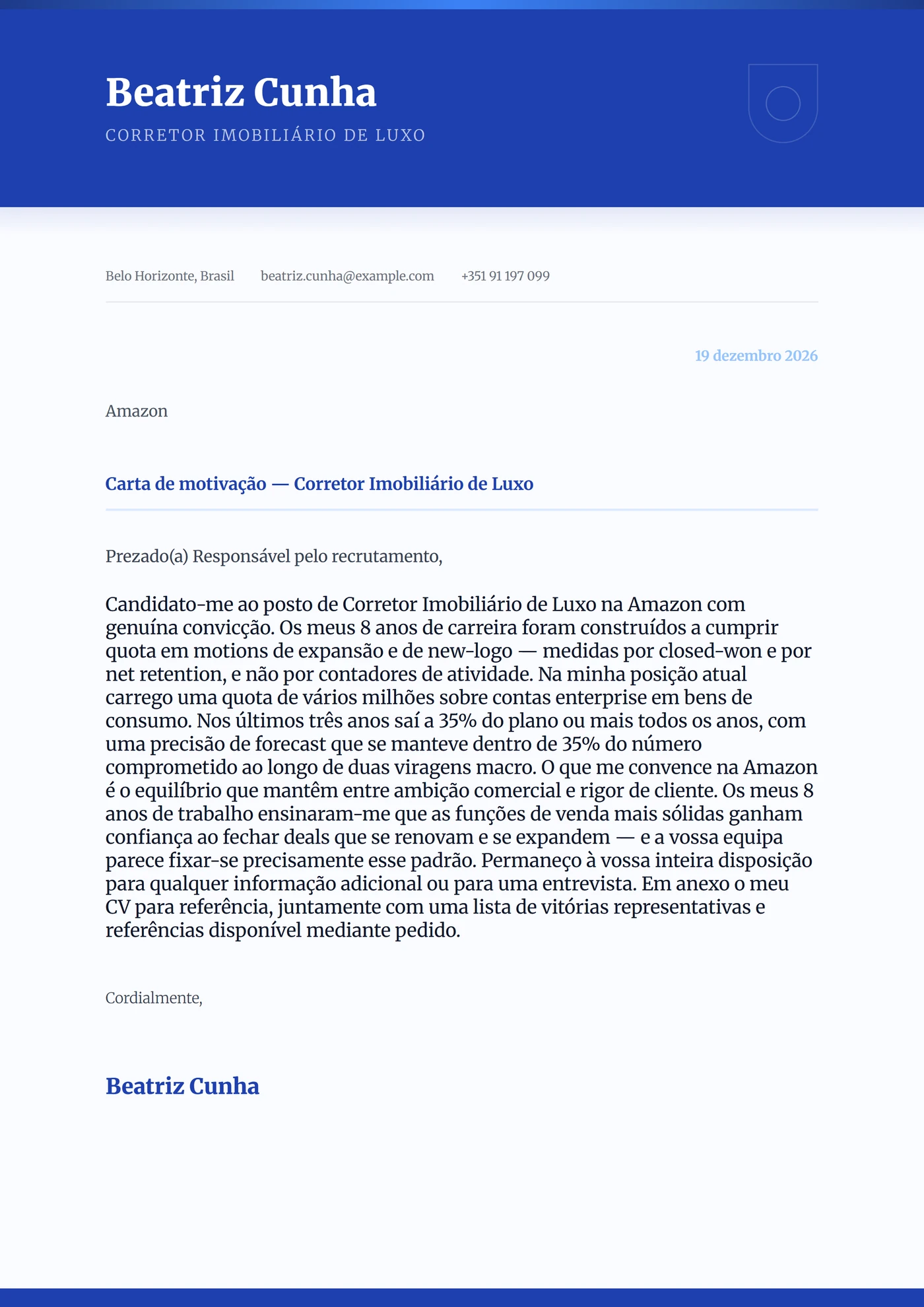 Safira real — Modelos de carta de apresentação