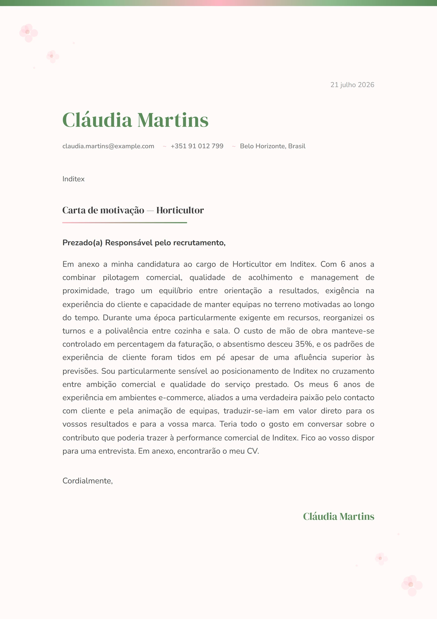 Floração primaveril — Modelos de carta de apresentação