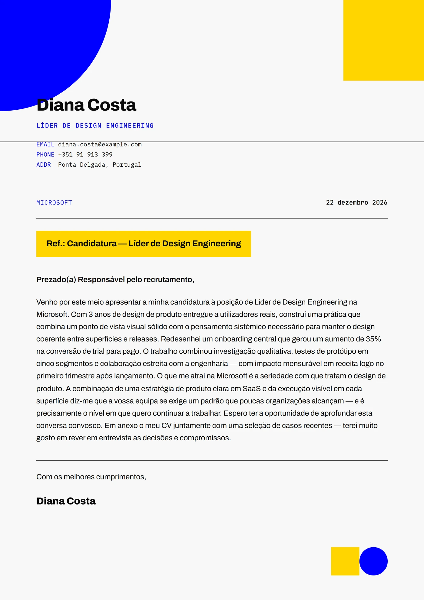 Tech Bauhaus — Modelos de carta de apresentação