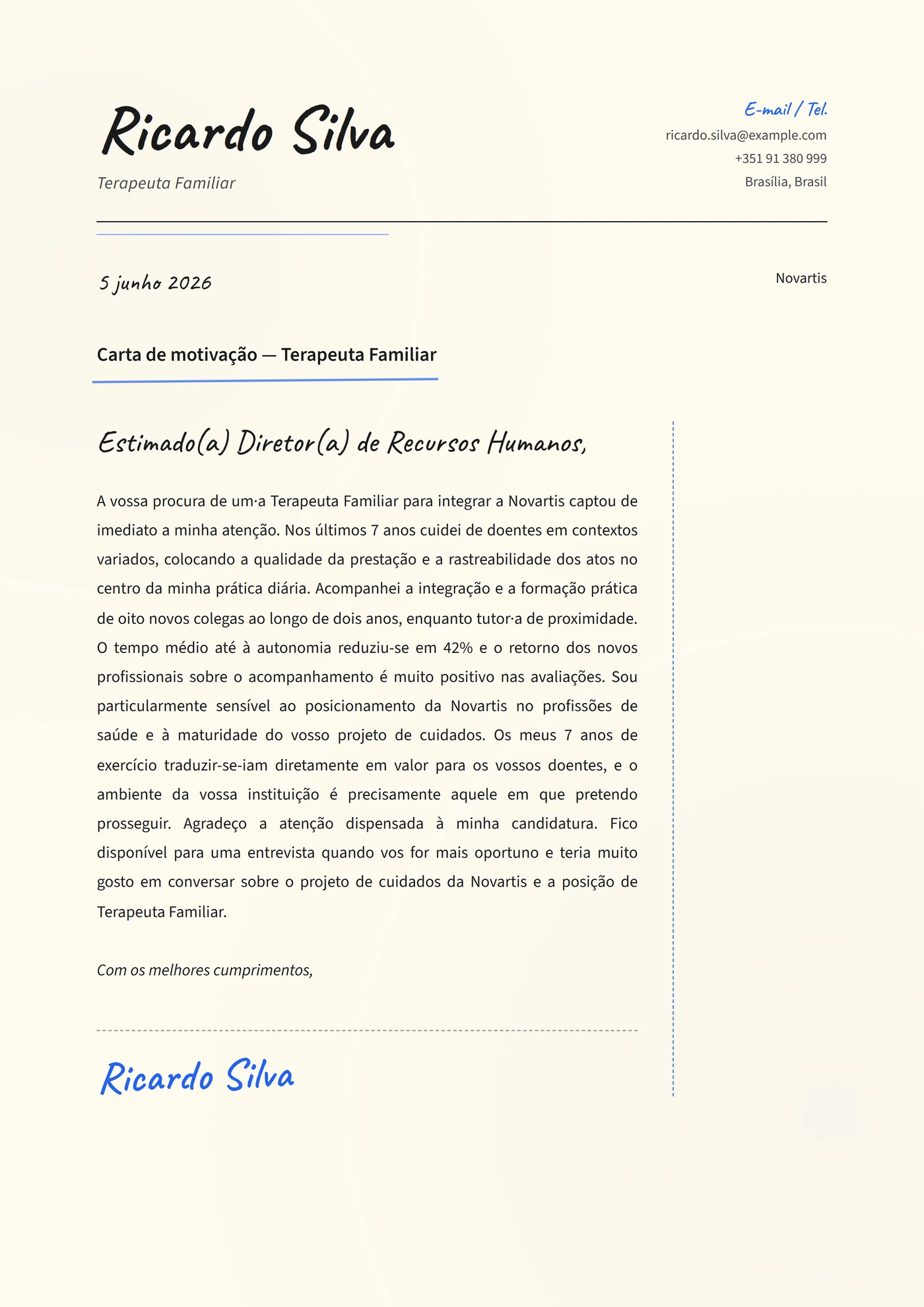 Manuscrita acolhedora — Modelos de carta de apresentação