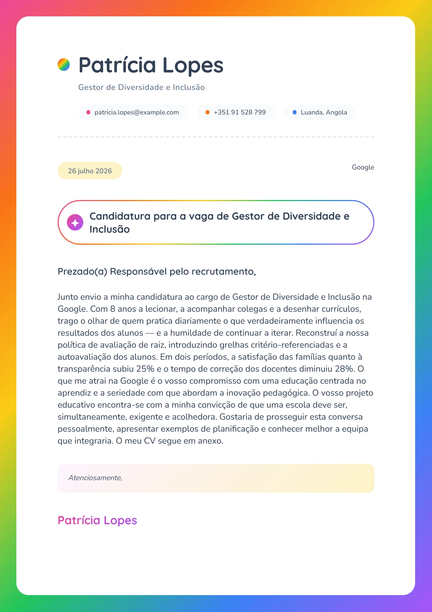 Bordadura arco-íris — Modelos de carta de apresentação
