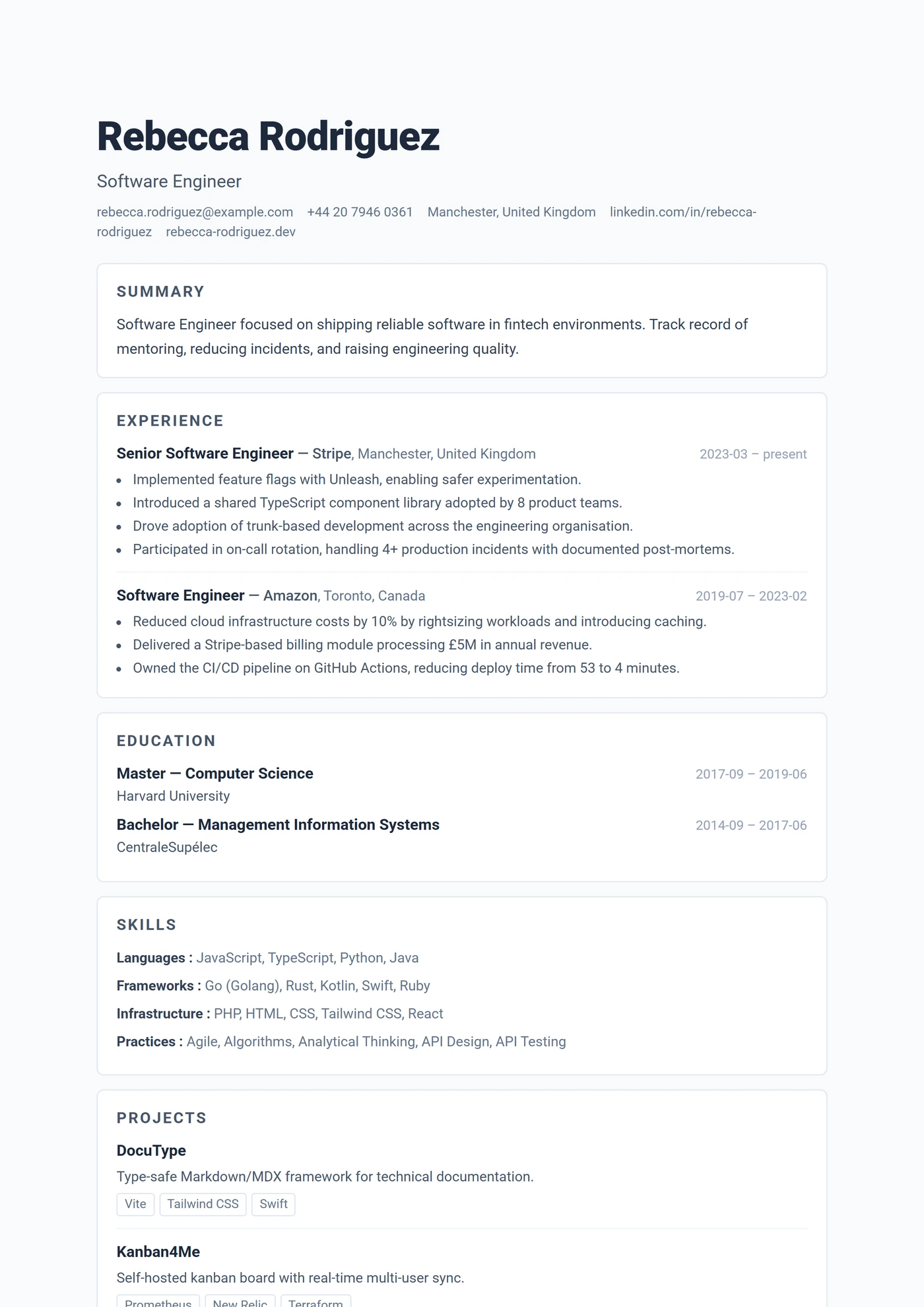 ATS Card Sections — CV templates
