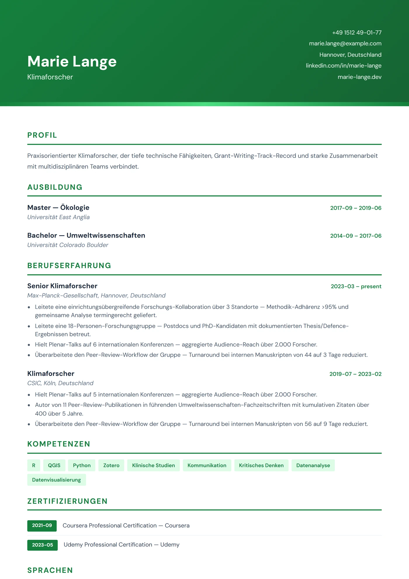 Umweltwissenschaften — Lebenslauf-Vorlagen