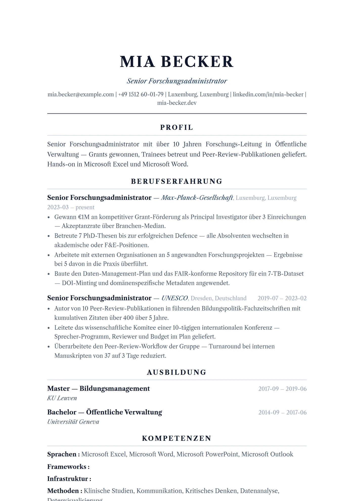 ATS Akademisch Formell — Lebenslauf-Vorlagen