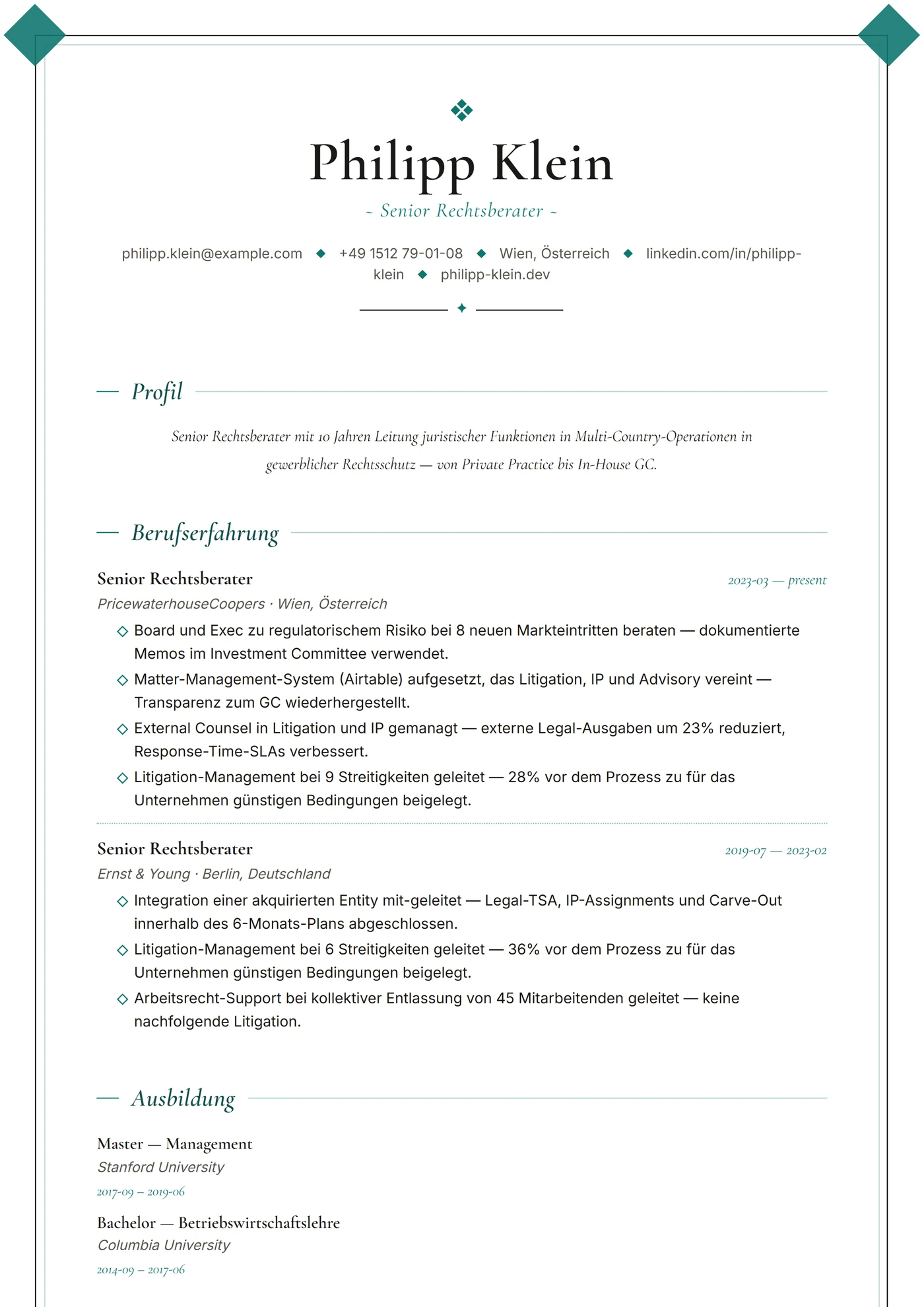 ATS Eckrahmen — Lebenslauf-Vorlagen