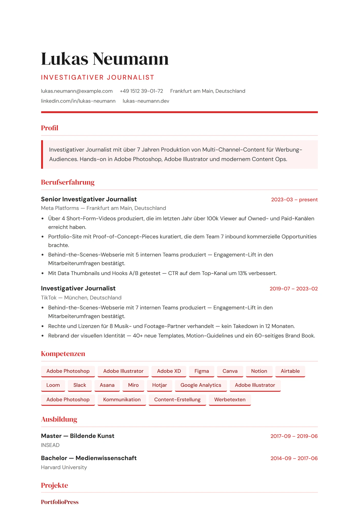 ATS Journalist — Lebenslauf-Vorlagen