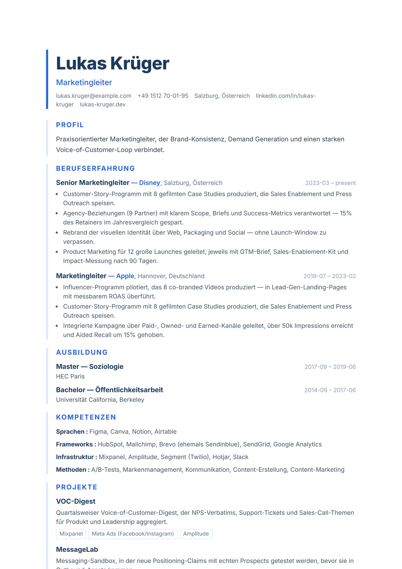 ATS Linke Akzentlinie — Lebenslauf-Vorlagen