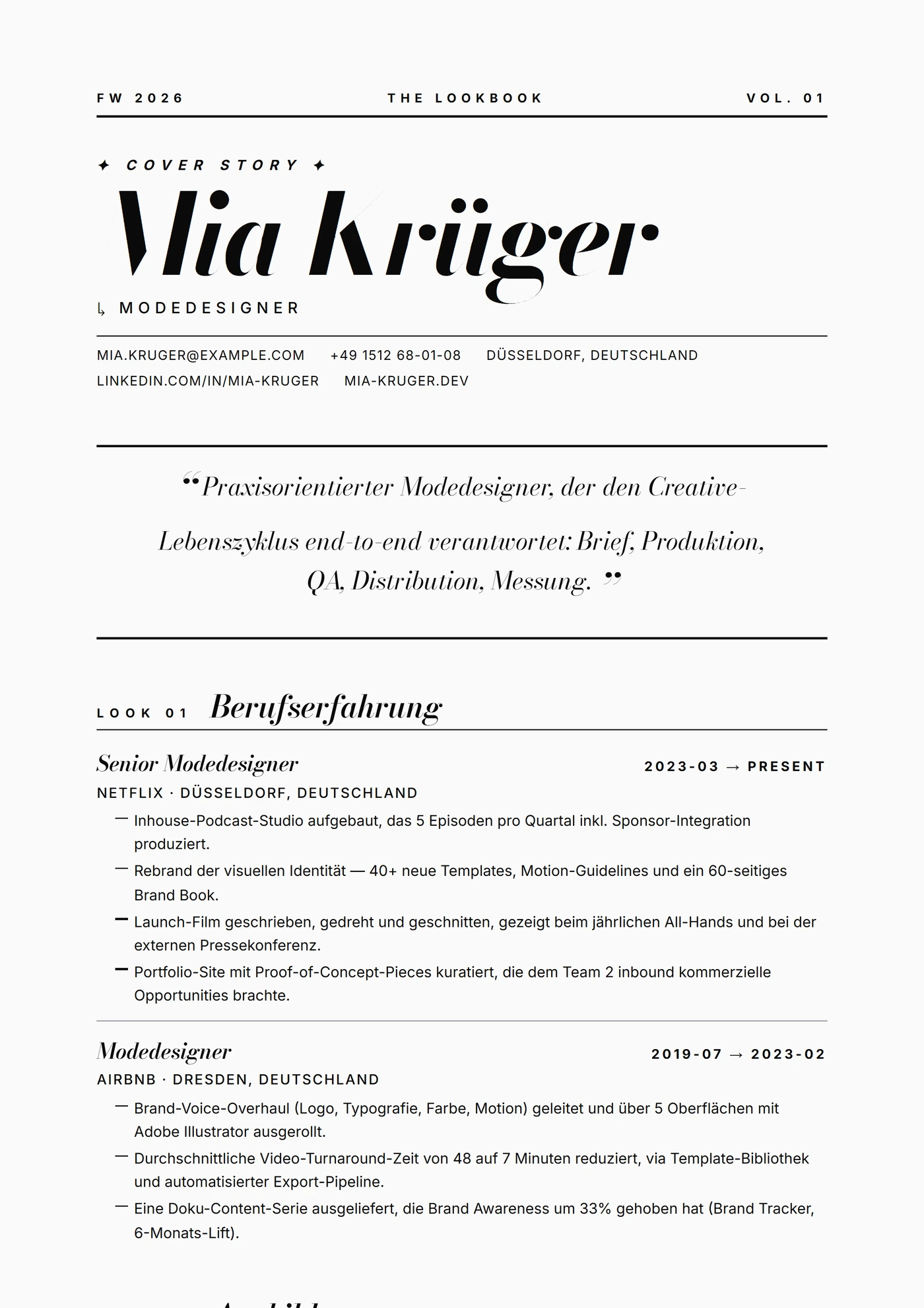 Branche — Fashion Runway — Lebenslauf-Vorlagen