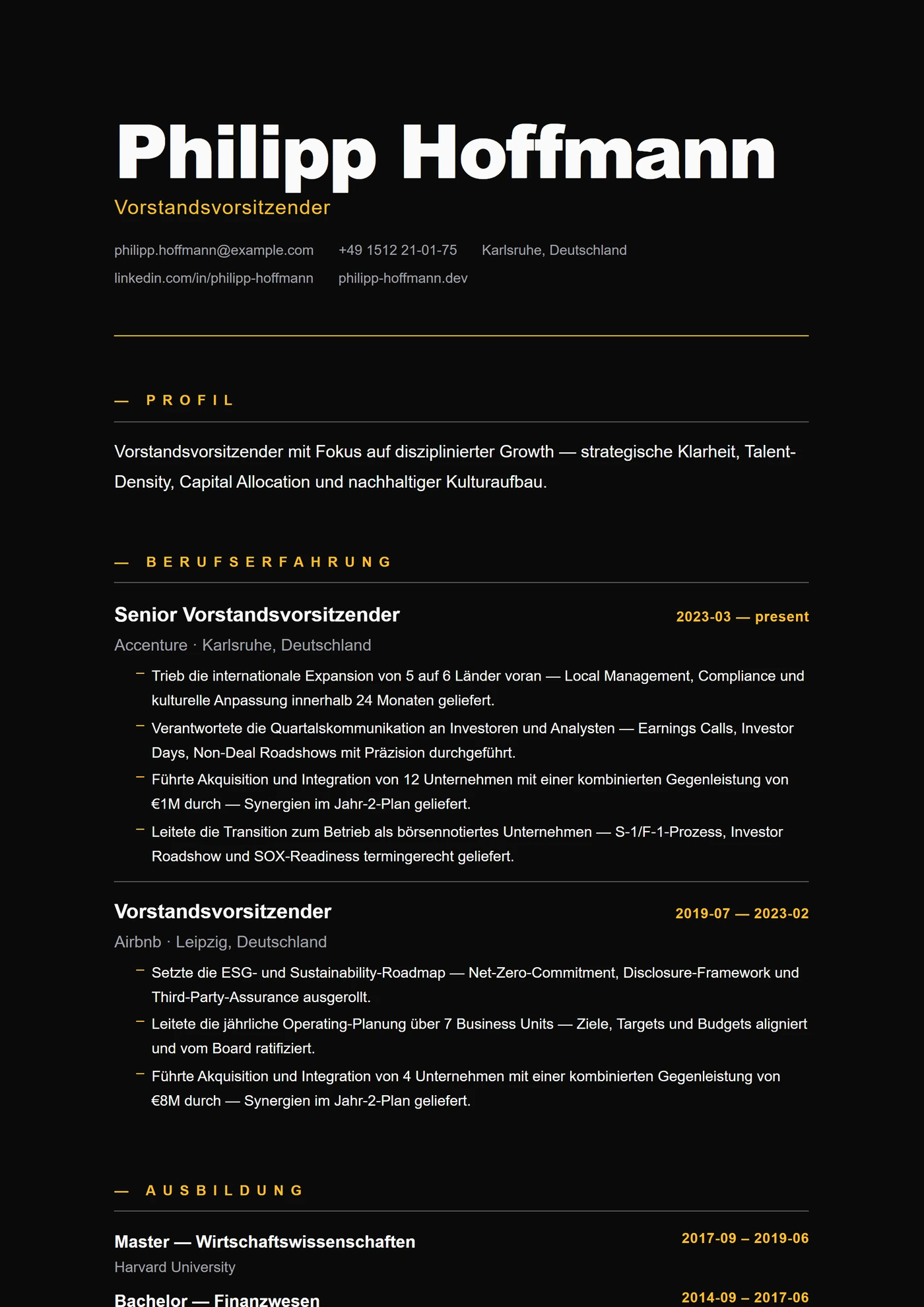 Modern Dark Monolith — Lebenslauf-Vorlagen