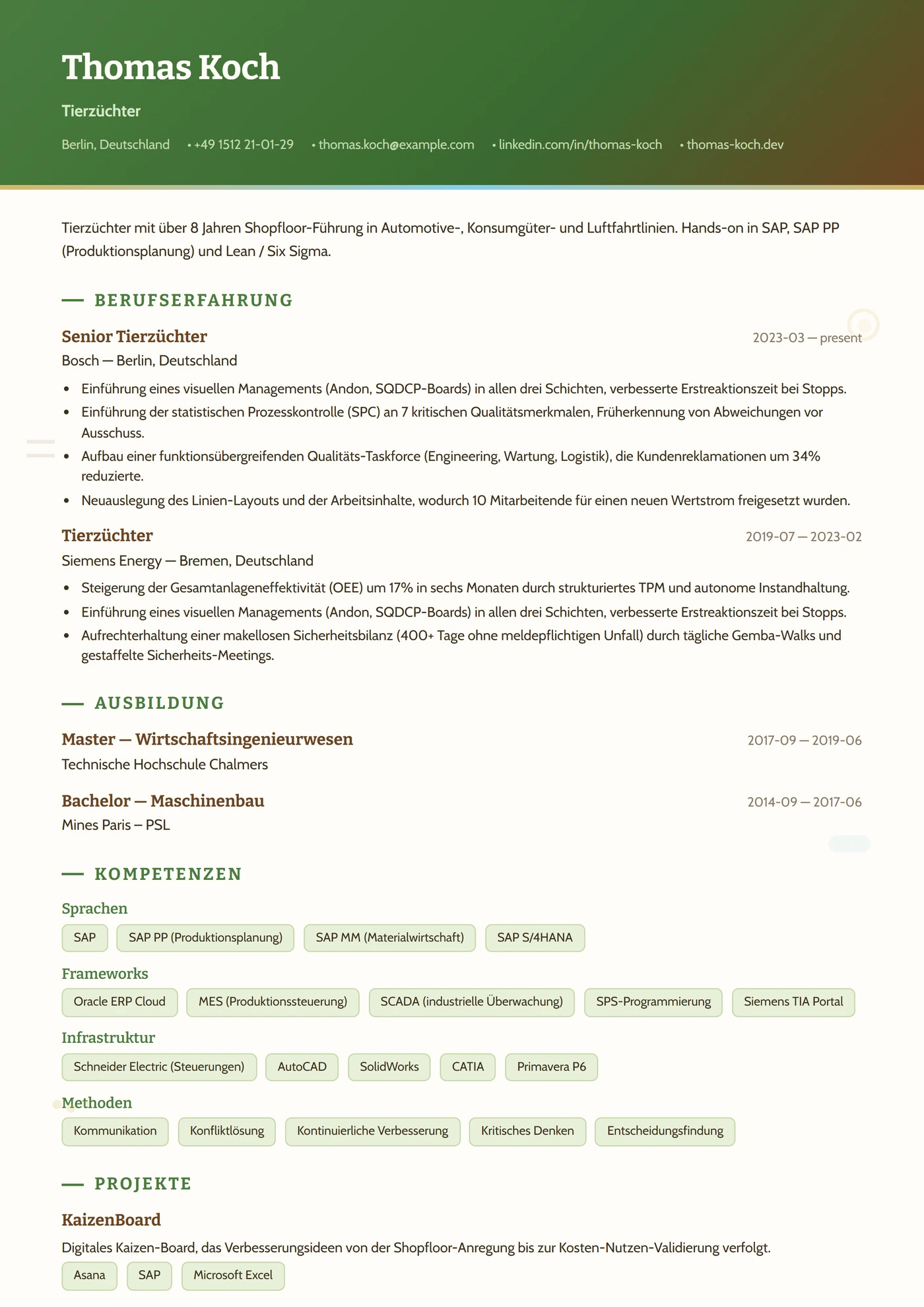 Beruf — Tierzucht — Lebenslauf-Vorlagen