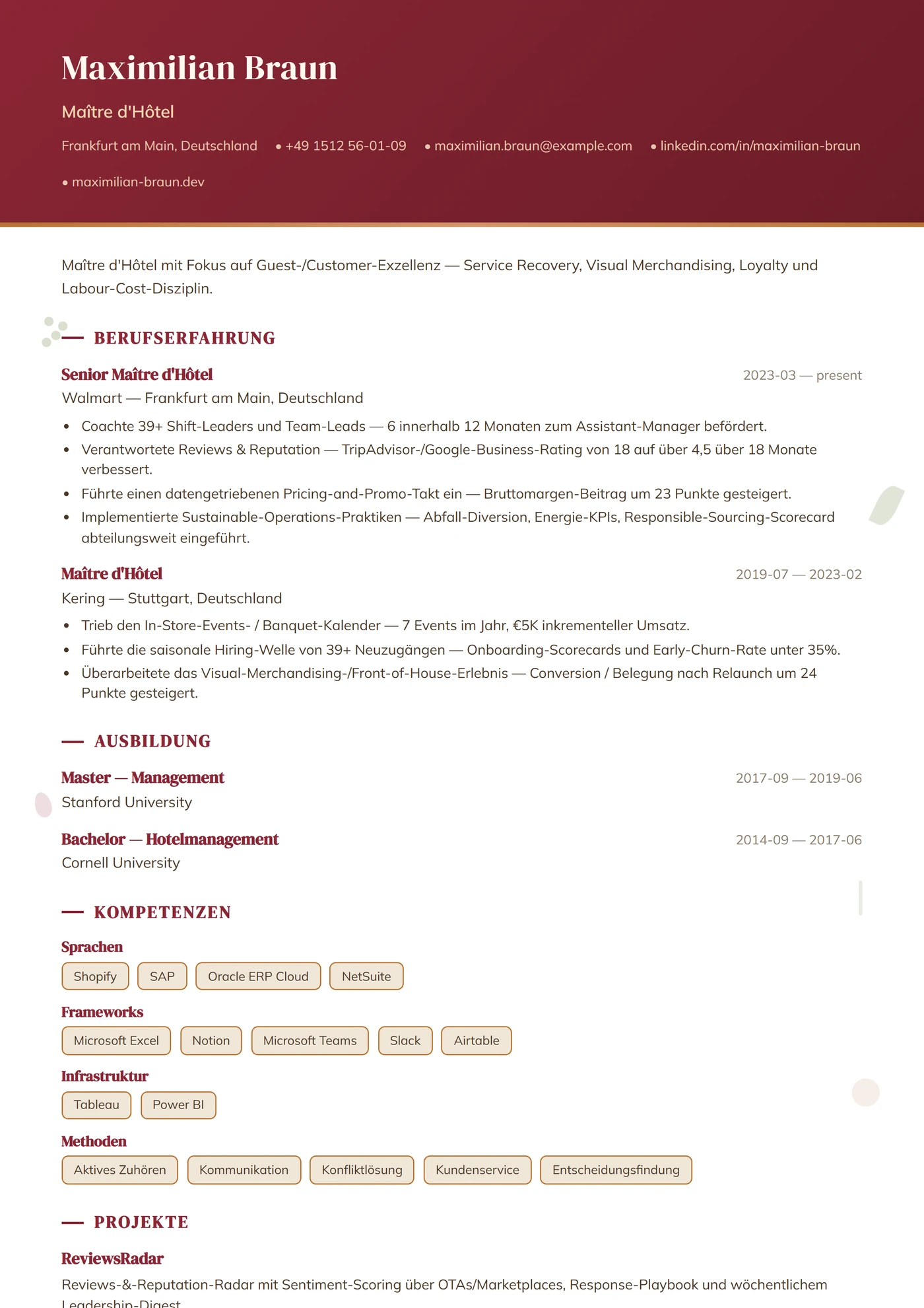 Beruf — Restaurantservice — Lebenslauf-Vorlagen