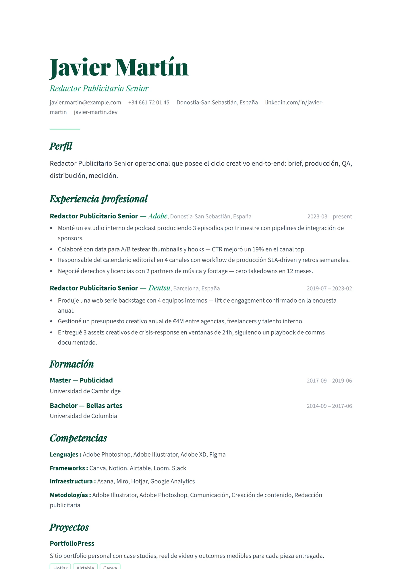 ATS Escritor Creativo — Plantillas de CV
