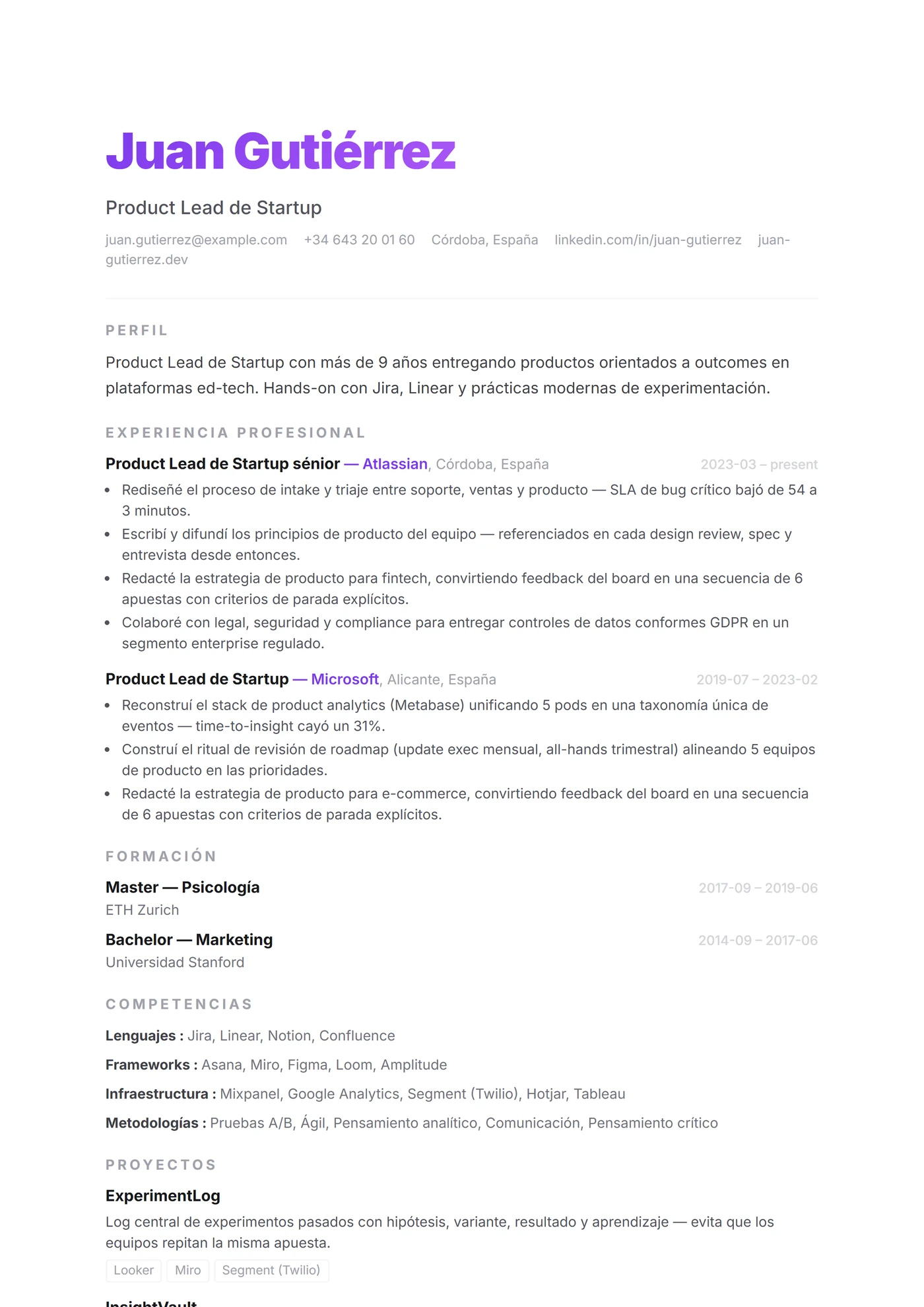 ATS Startup Limpio — Plantillas de CV