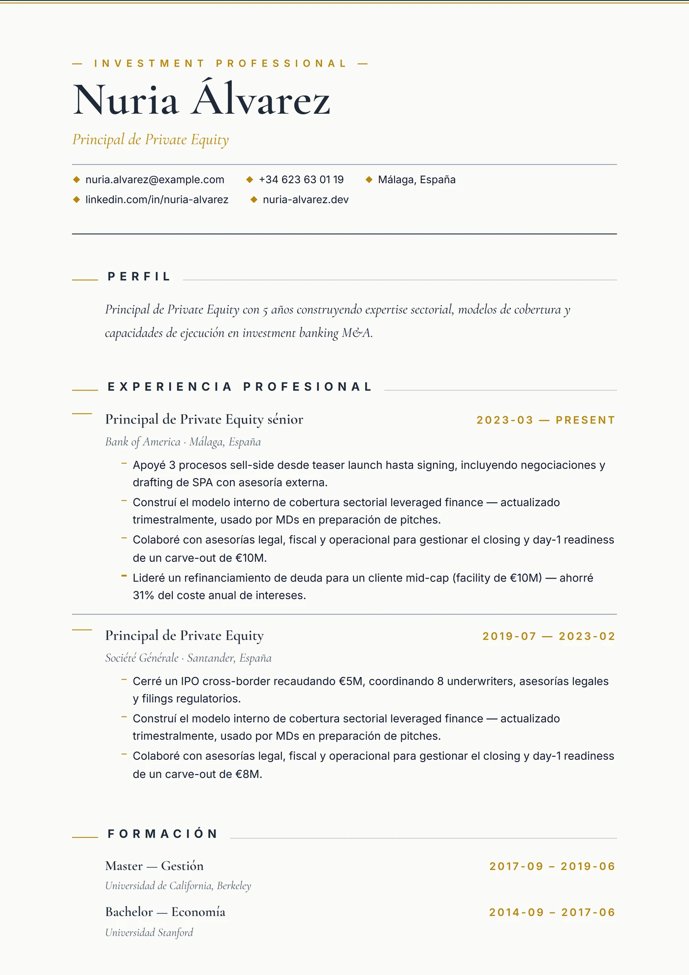 Private Equity — Plantillas de CV