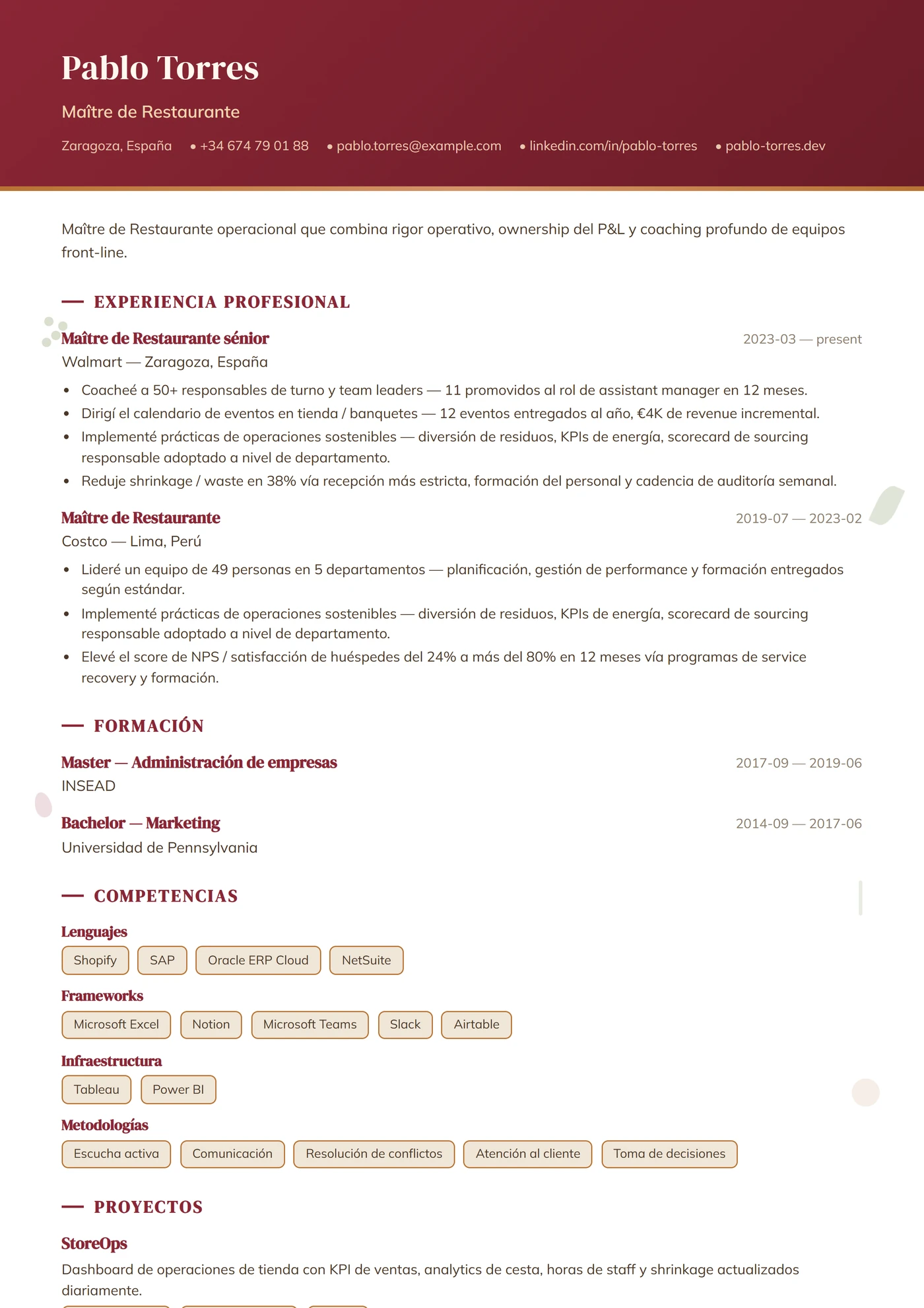 Oficio — Restauración — Plantillas de CV