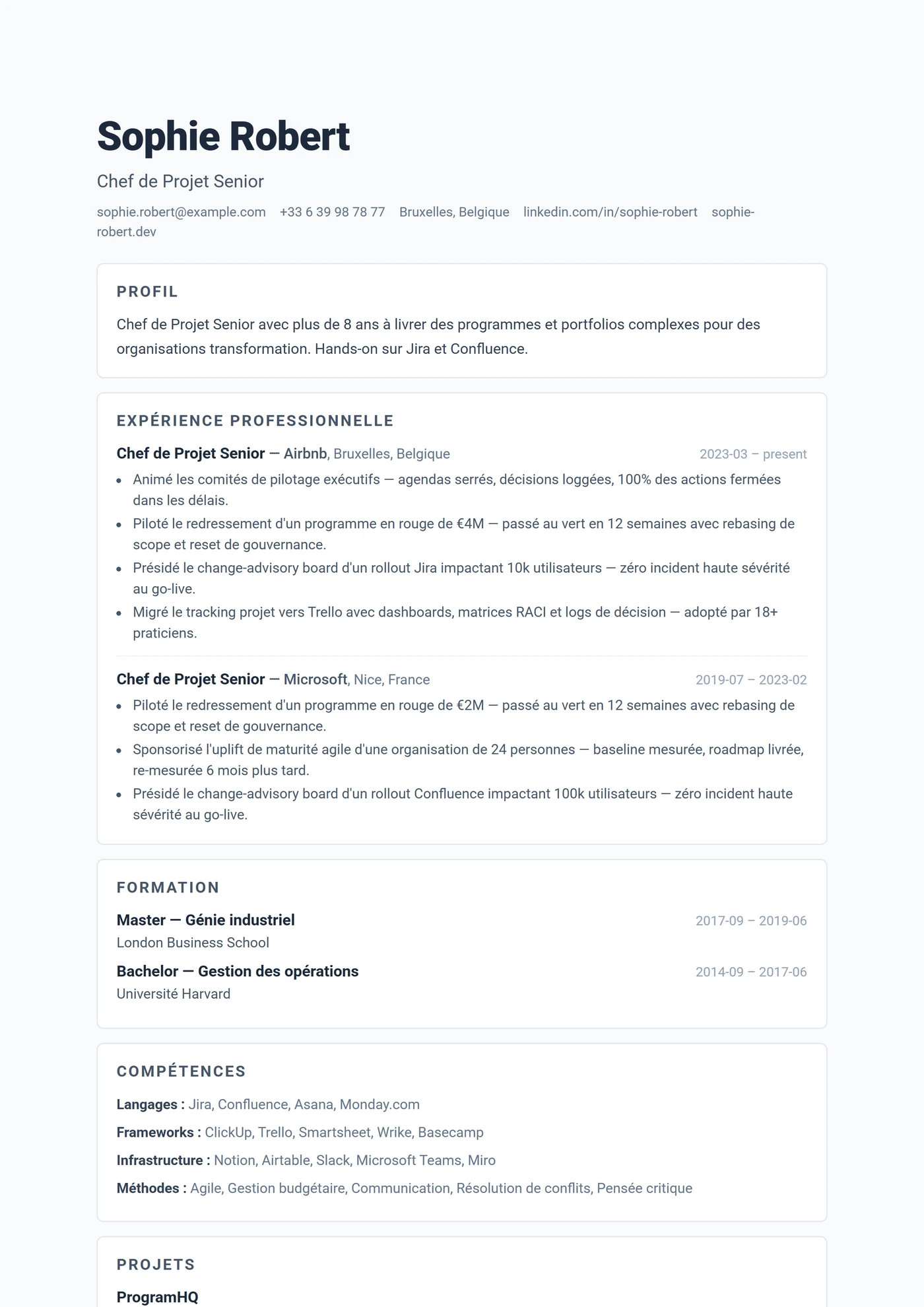 ATS Sections Cartes — Modèles de CV