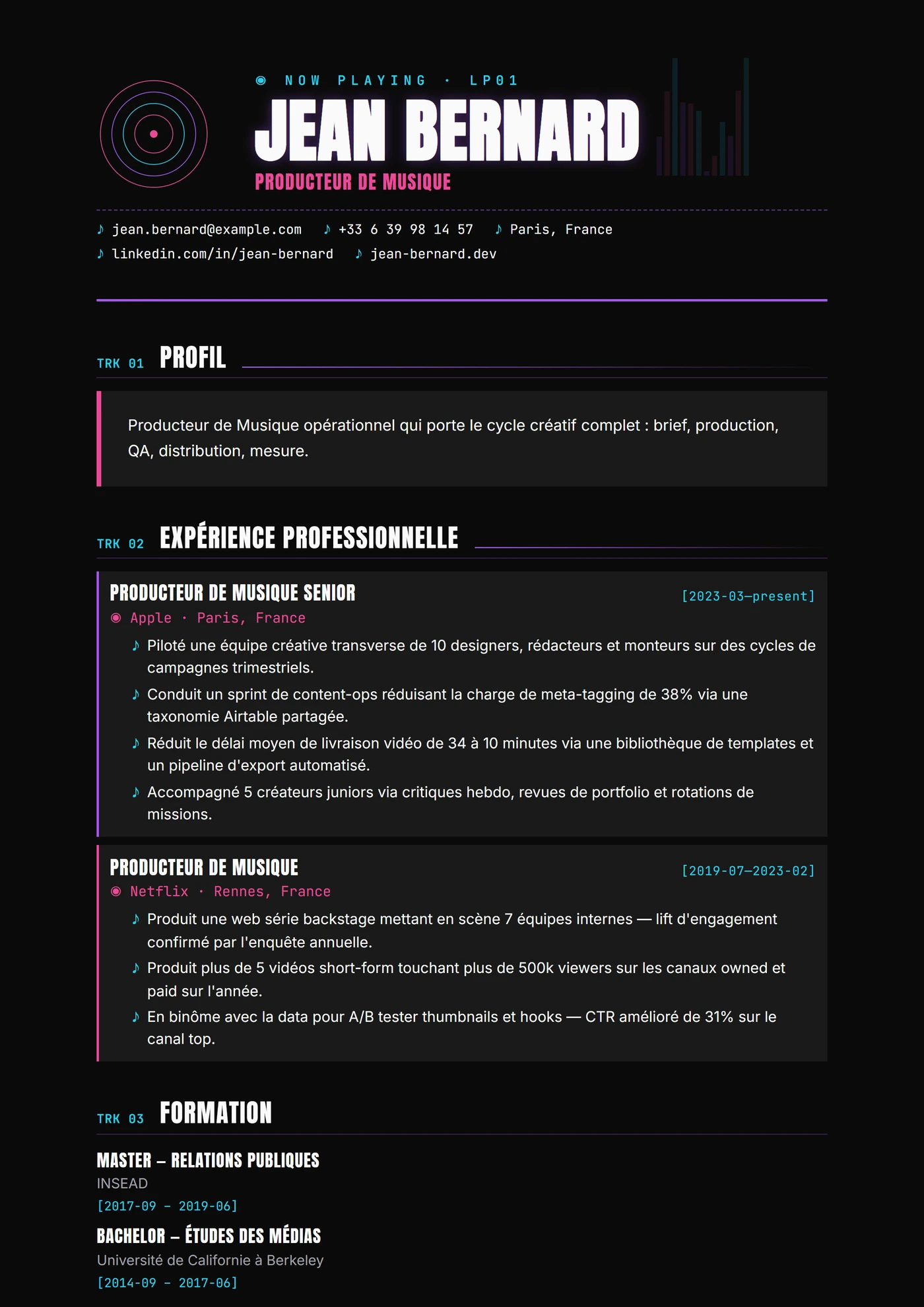 Industrie — Producteur musical — Modèles de CV