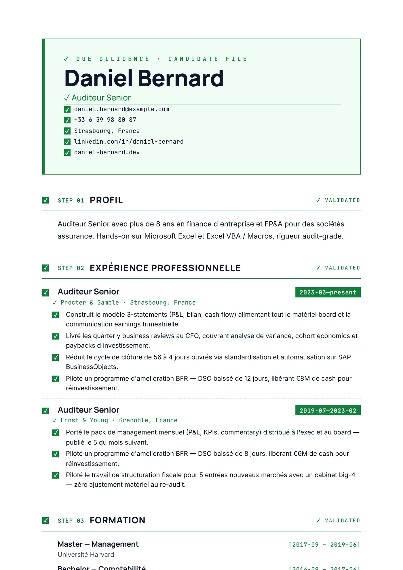 Due Diligence — Modèles de CV