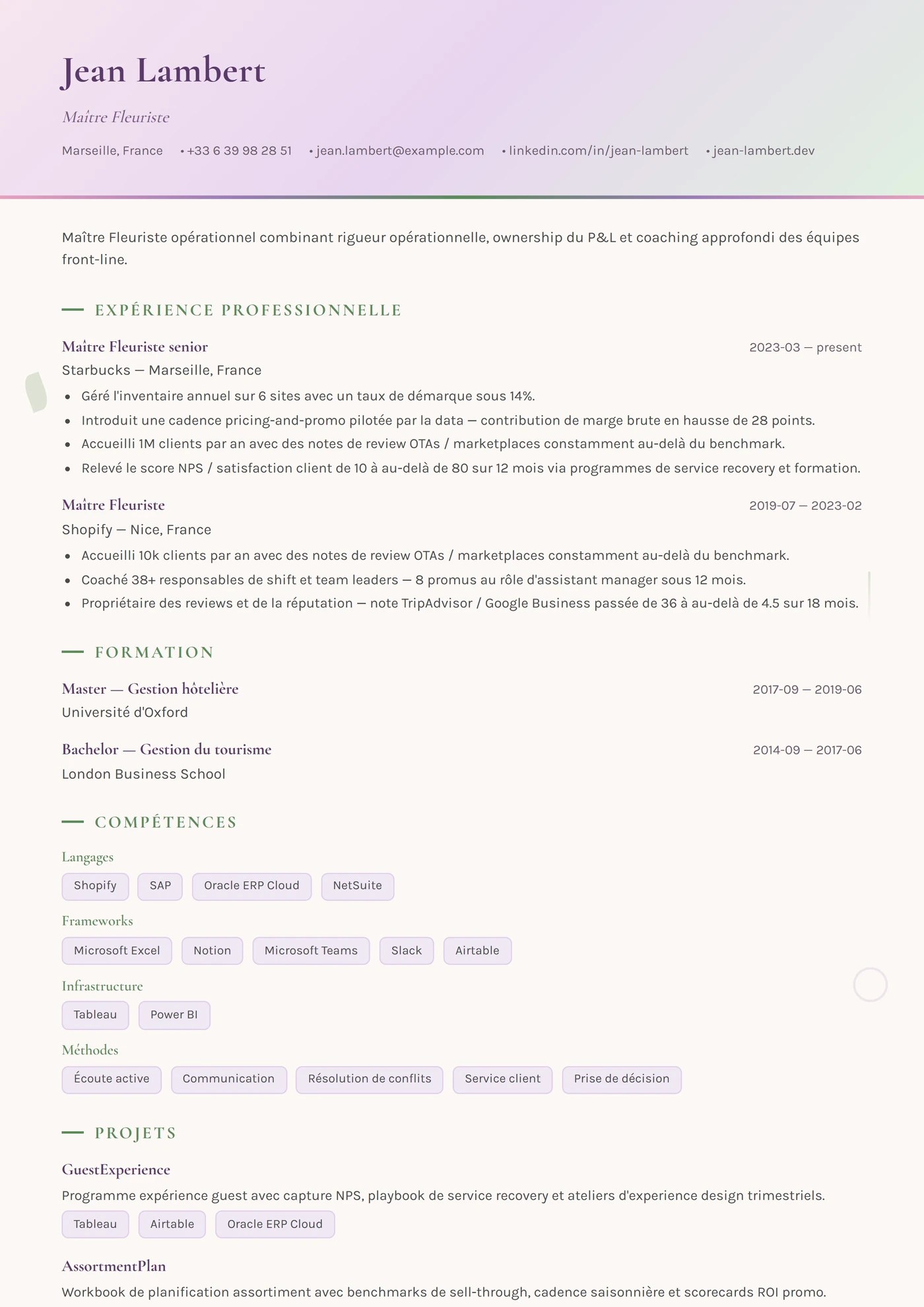 Métier — Fleuriste — Modèles de CV