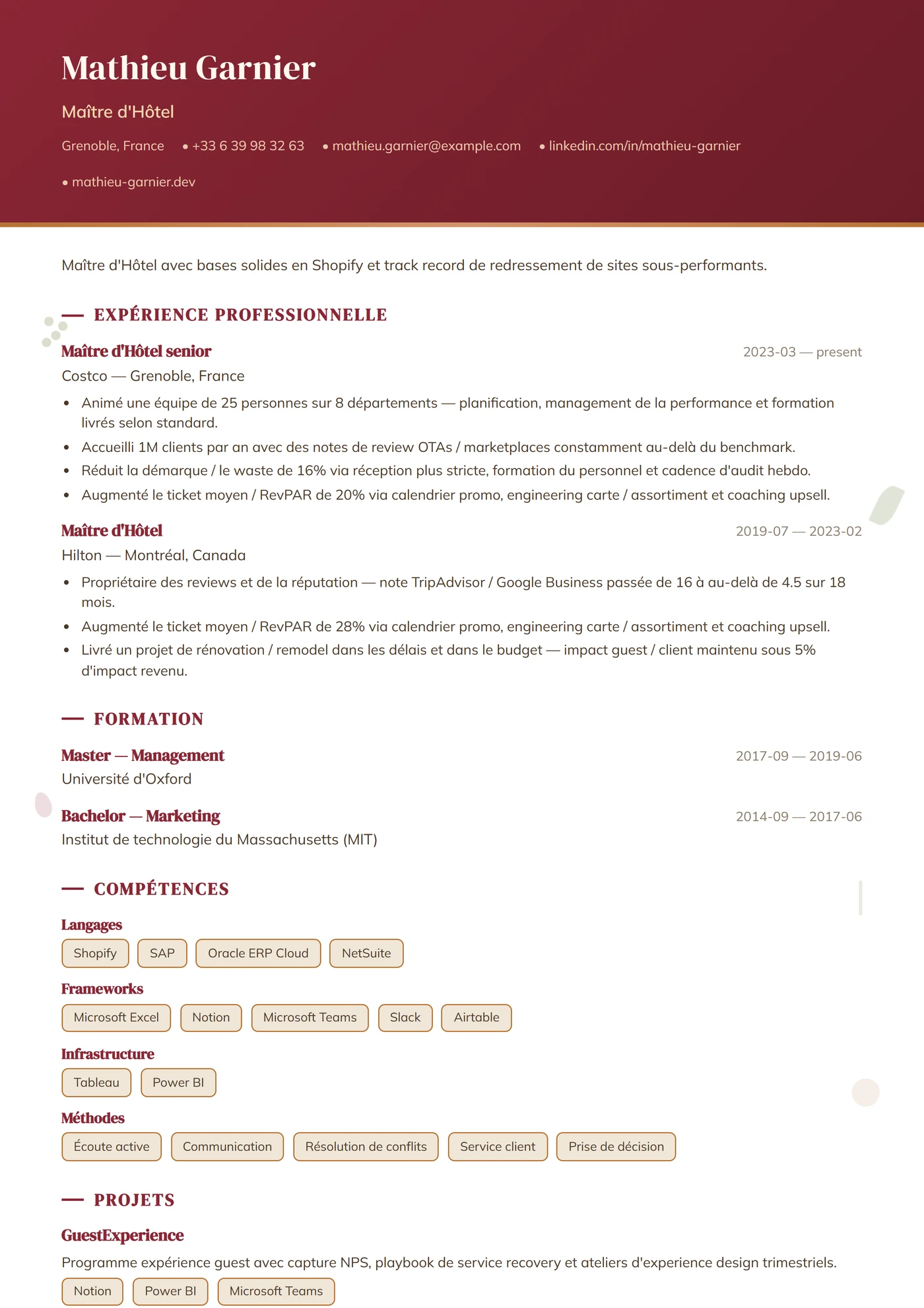Métier — Restauration — Modèles de CV