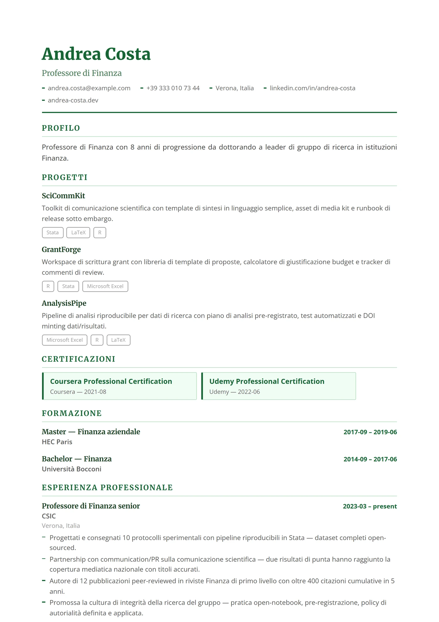 Finanza ed Economia — Modelli di CV