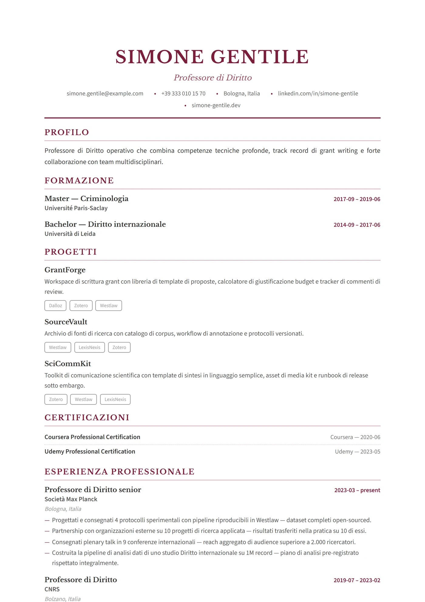 Diritto e Studi Giuridici — Modelli di CV