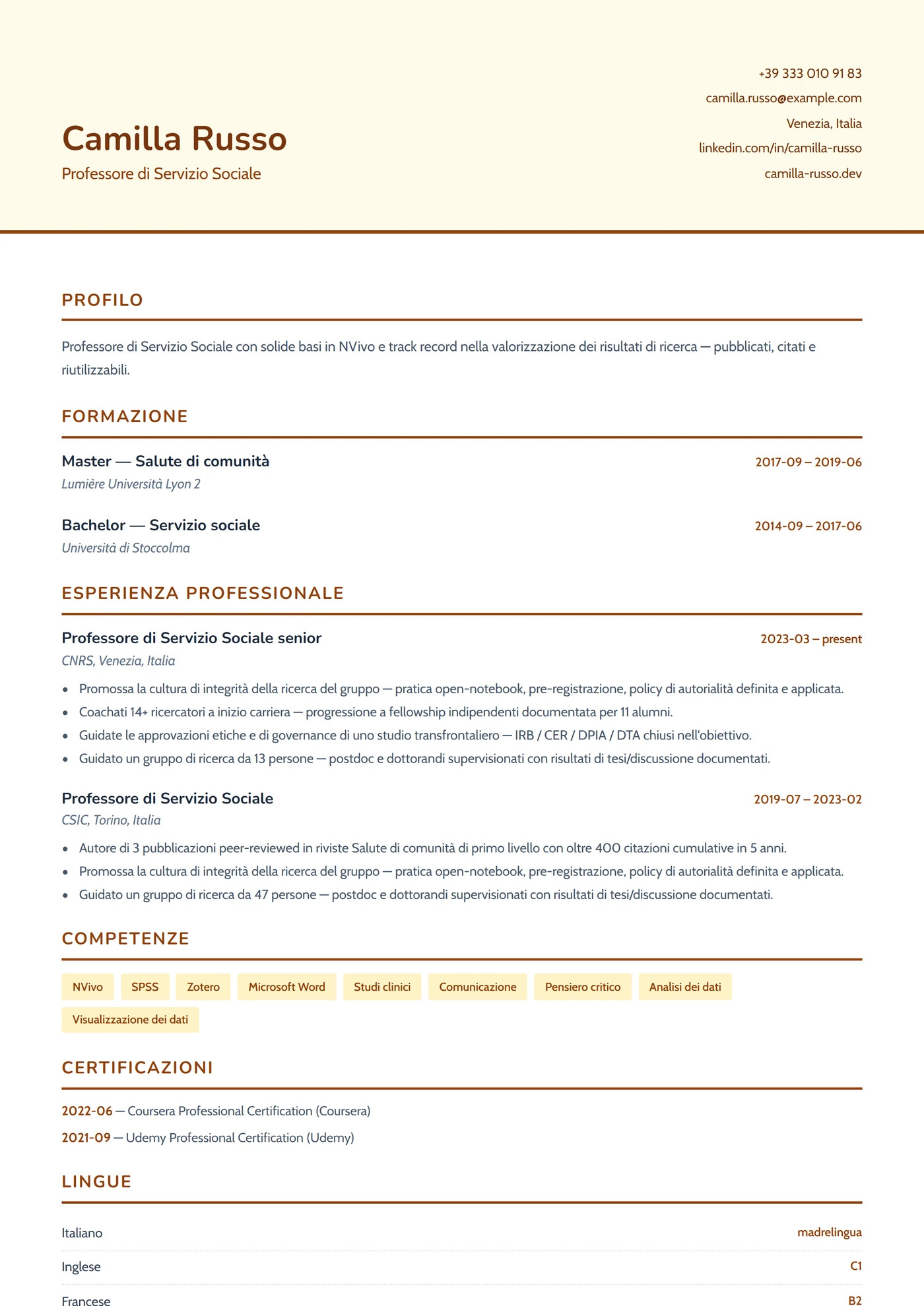 Servizio Sociale — Modelli di CV