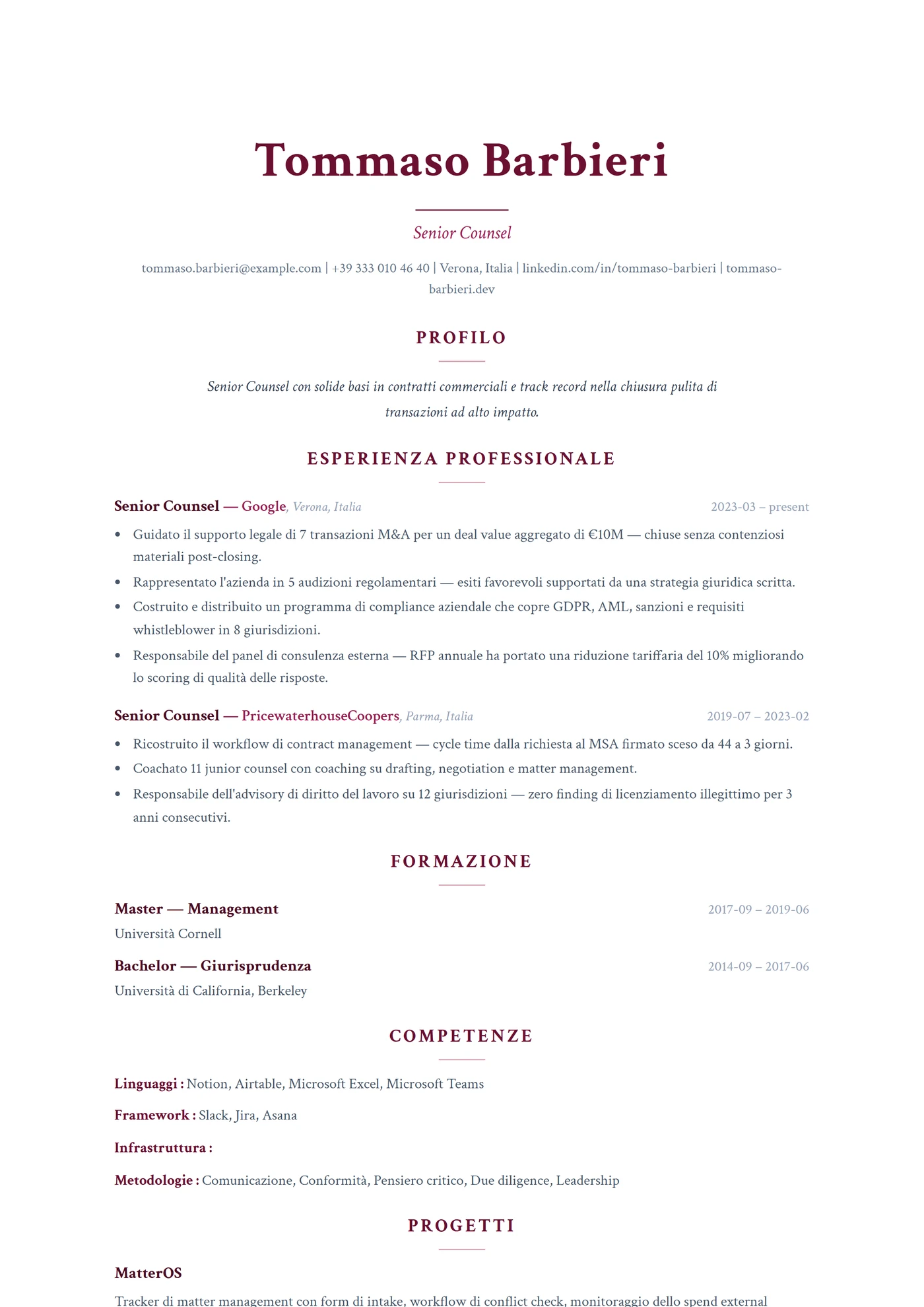 ATS Nome Centrato — Modelli di CV
