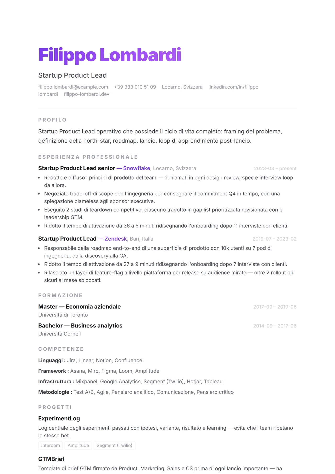 ATS Startup Clean — Modelli di CV
