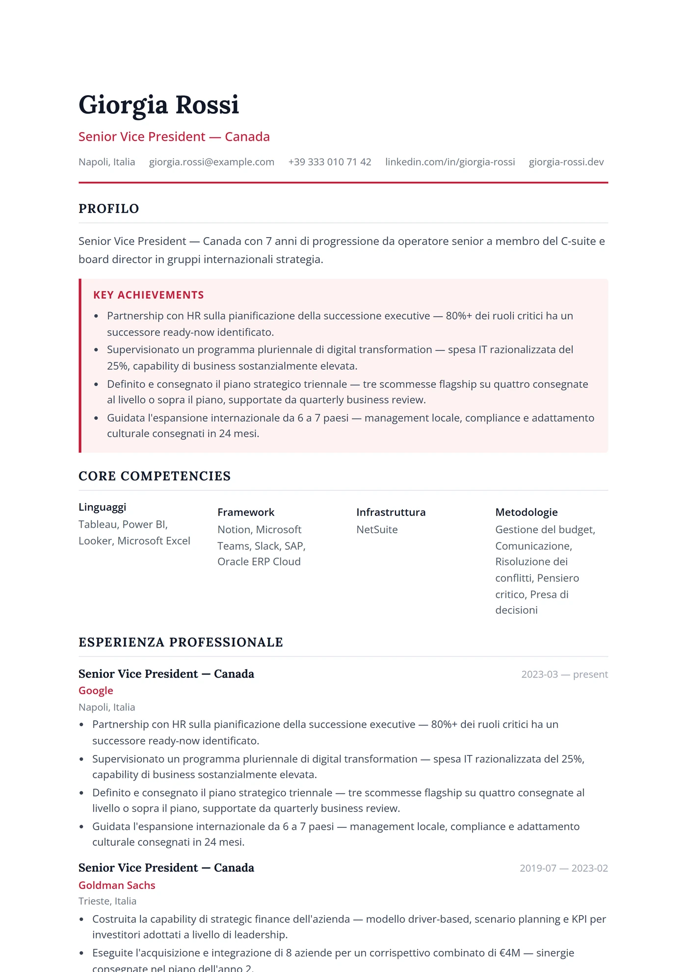 Canada Inglese Executive — Modelli di CV
