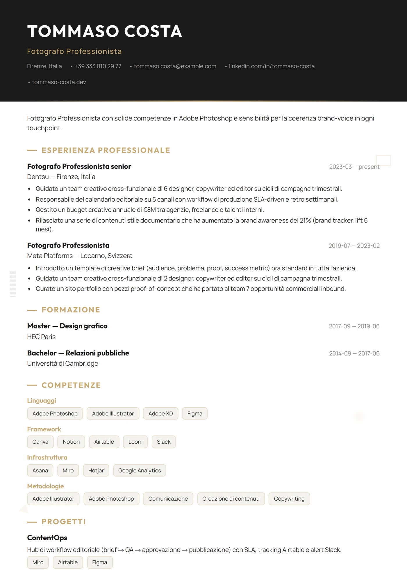 Mestiere — Fotografo — Modelli di CV