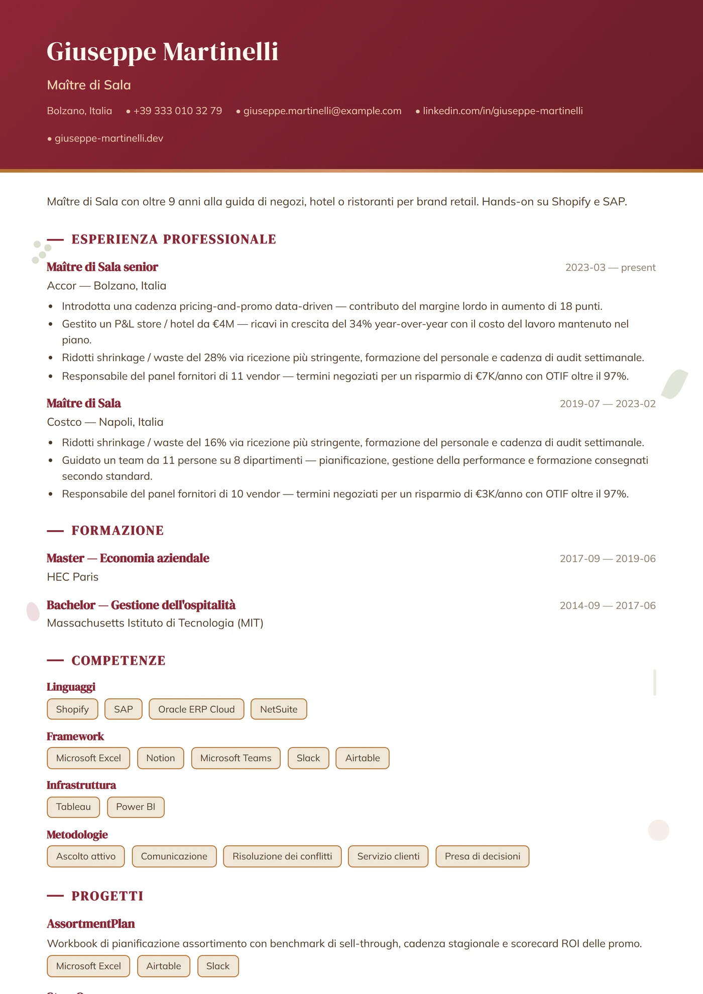 Mestiere — Ristorazione — Modelli di CV