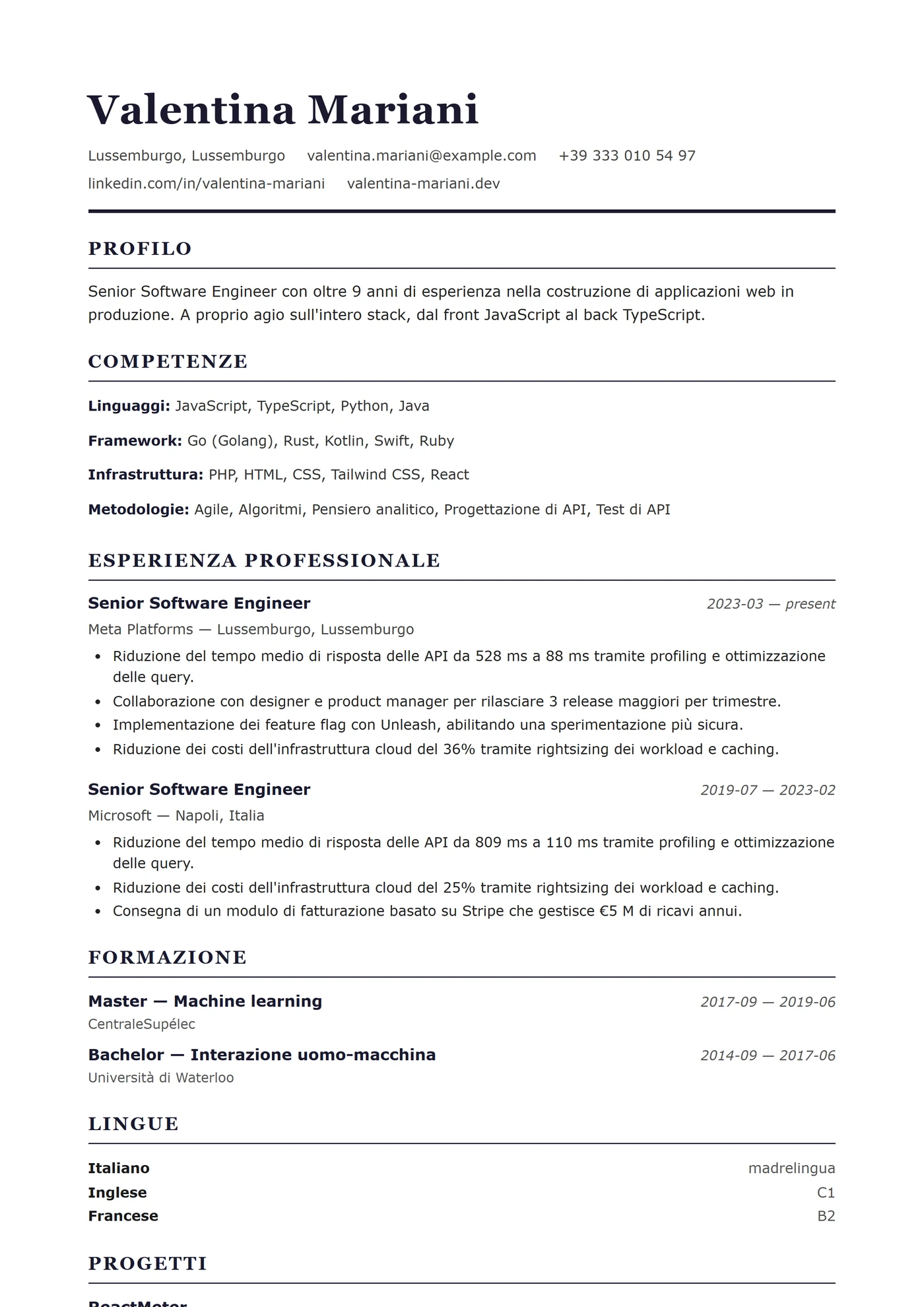 USA Standard — Modelli di CV
