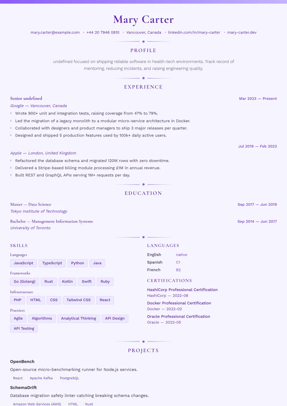 Lavanda — Modelli di CV