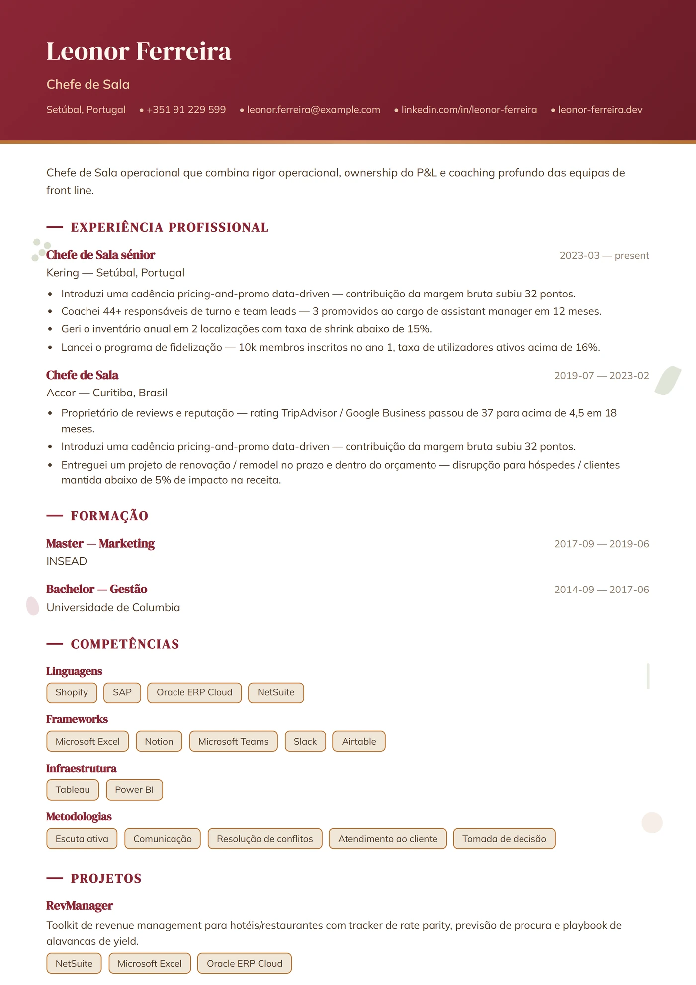 Profissão — Restauração — Modelos de currículo