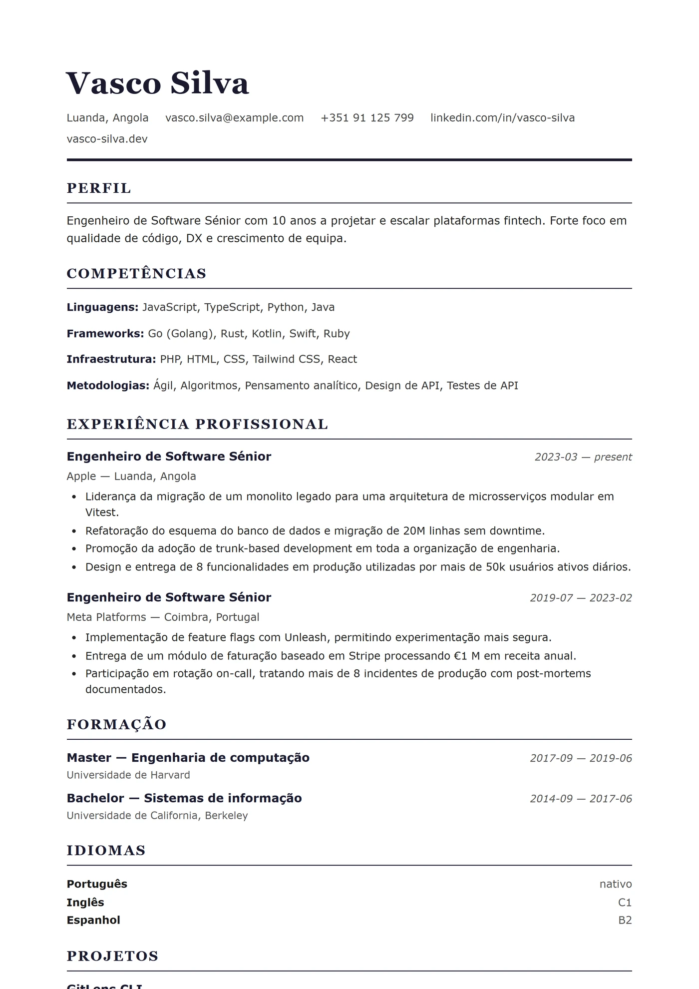 EUA Padrão — Modelos de currículo